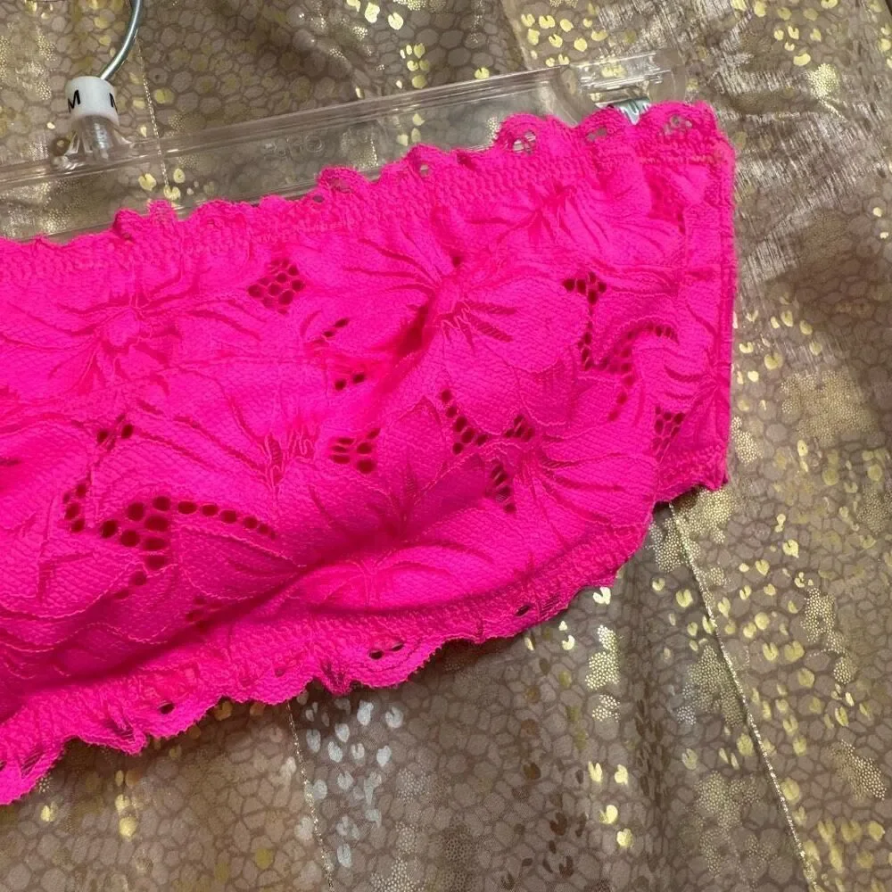 Aerie Real Power Beach Days Lace Unlined Bandeau Bra Neon Hot Pink 36B